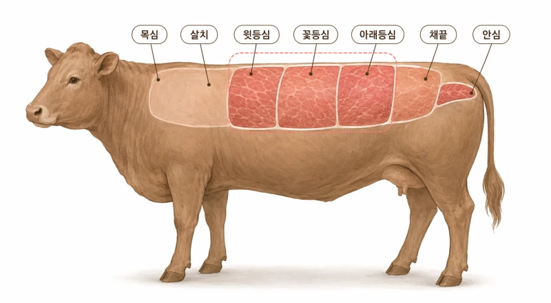 소 부위 도식 — 윗등심과 꽃등심을 포함한 등심 부위 위치 표시