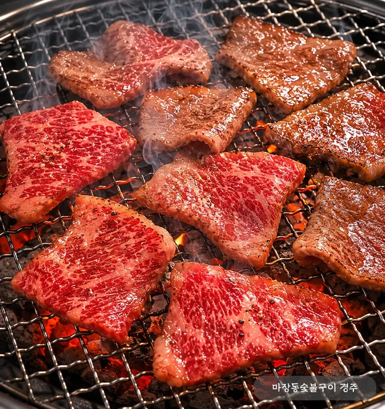 참숯 석쇠 위에서 직화로 구워지는 한우 등심 — 앞뒷면만 살짝 익힌 부드러운 상태