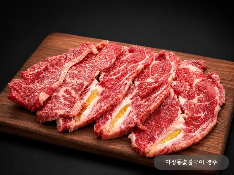 도마 위에 가지런히 썰린 한우 등심 — 마블링이 고르고 떡심이 보이는 1등급 이상 국산 한우 등심