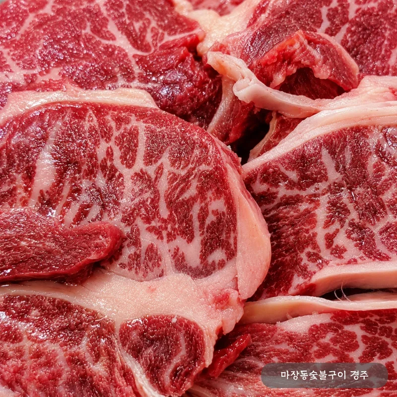 한우 등심 단면 마블링 매크로 컷 — 붉은 살결 사이로 고르게 퍼진 지방과 떡심