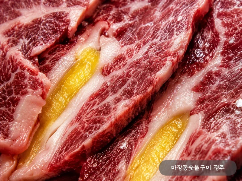 한우 등심 단면 클로즈업 — 살 사이에 노란빛 떡심(목덜미 인대)이 선명하게 보이는 신선한 상태