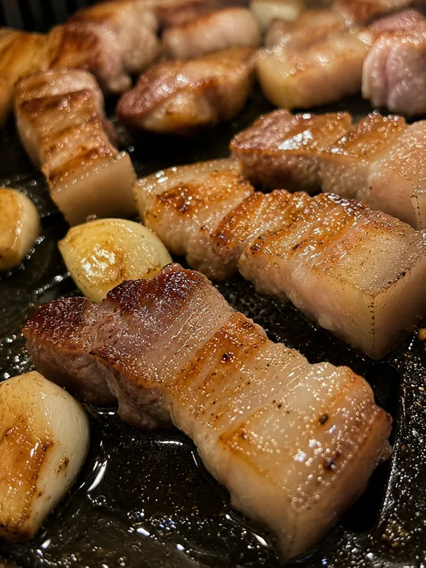 노릇하게 구워진 돼지 오겹살 — 두꺼운 비계 단면 클로즈업